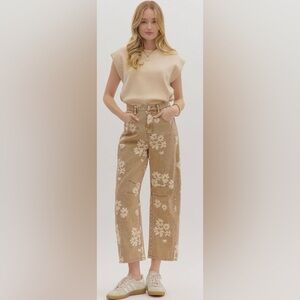 Loving/women’s NWT Floral High Rise Barrel Denim Jeans - Tan Size S